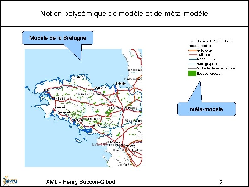 Notion polysémique de modèle et de méta-modèle Modèle de la Bretagne méta-modèle XML -