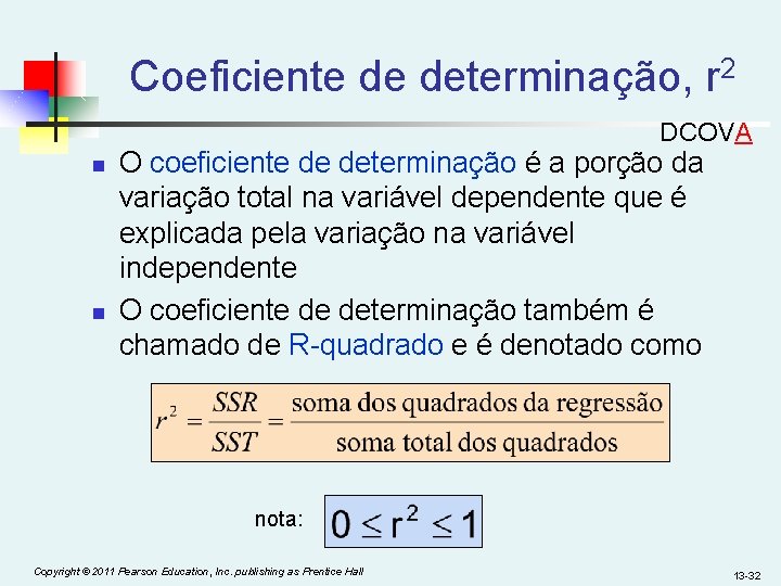 Coeficiente de determinação, r 2 DCOVA n n O coeficiente de determinação é a
