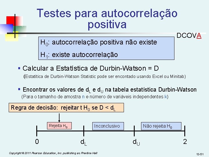 Testes para autocorrelação positiva H 0: autocorrelação positiva não existe DCOVA H 1: existe