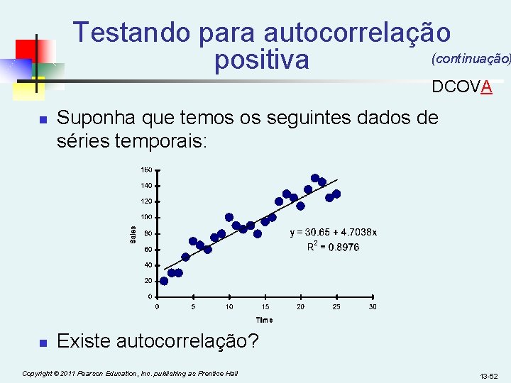 Testando para autocorrelação (continuação) positiva DCOVA n n Suponha que temos os seguintes dados