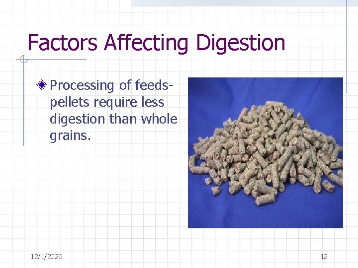 Factors Affecting Digestion Processing of feedspellets require less digestion than whole grains. 12/1/2020 12