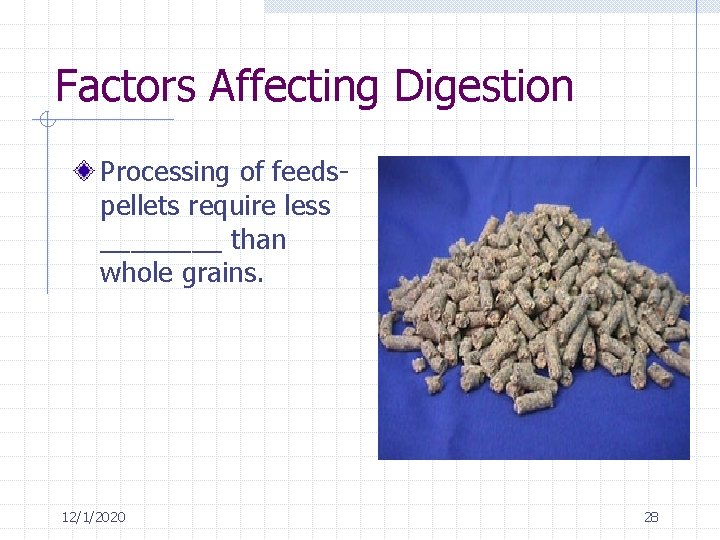 Factors Affecting Digestion Processing of feedspellets require less ____ than whole grains. 12/1/2020 28