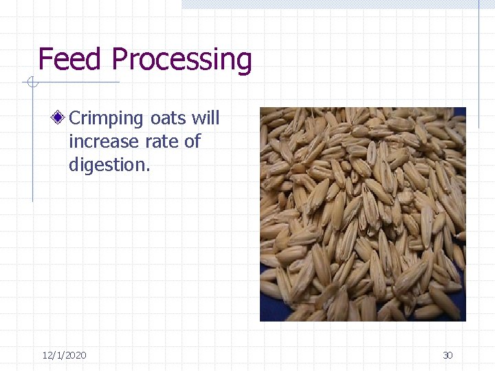 Feed Processing Crimping oats will increase rate of digestion. 12/1/2020 30 