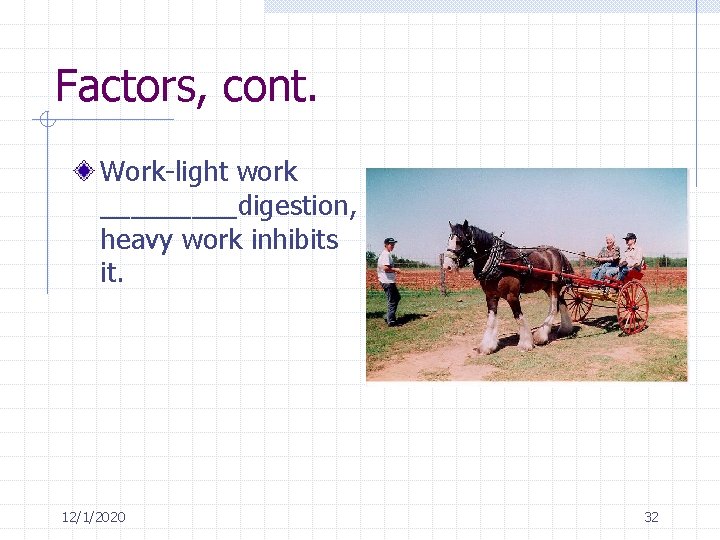 Factors, cont. Work-light work _____digestion, heavy work inhibits it. 12/1/2020 32 