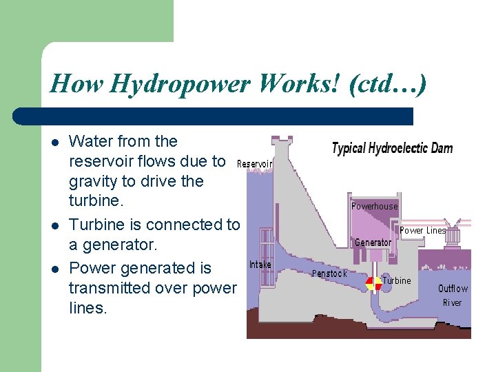 How Hydropower Works! (ctd…) l l l Water from the reservoir flows due to
