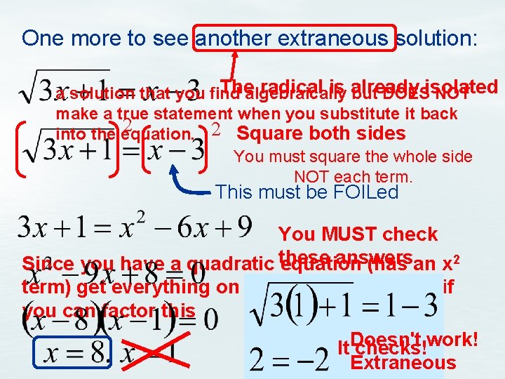 One more to see another extraneous solution: Thealgebraically radical is already a solution that