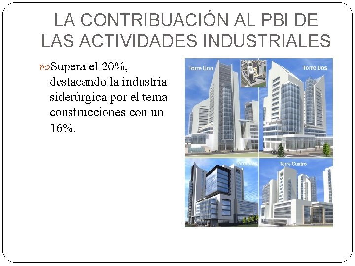 LA CONTRIBUACIÓN AL PBI DE LAS ACTIVIDADES INDUSTRIALES Supera el 20%, destacando la industria