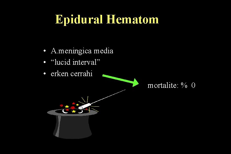 Epidural Hematom • A. meningica media • “lucid interval” • erken cerrahi mortalite: %