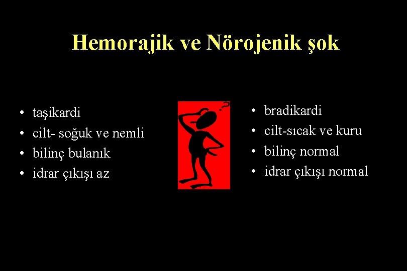 Hemorajik ve Nörojenik şok • • taşikardi cilt- soğuk ve nemli bilinç bulanık idrar