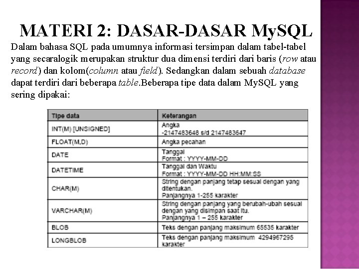 MATERI 2: DASAR-DASAR My. SQL Dalam bahasa SQL pada umumnya informasi tersimpan dalam tabel-tabel