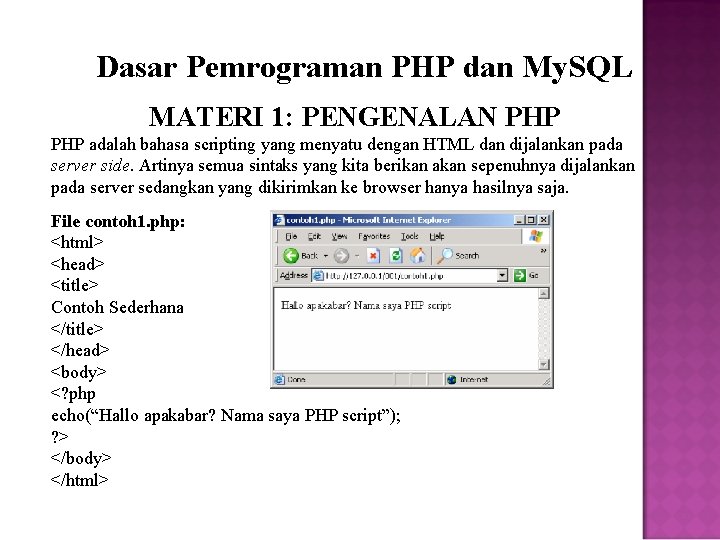 Dasar Pemrograman PHP dan My. SQL MATERI 1: PENGENALAN PHP adalah bahasa scripting yang