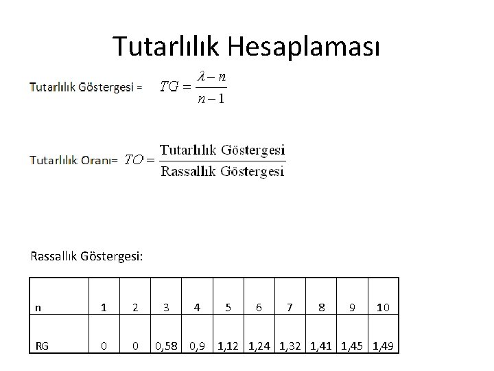 Tutarlılık Hesaplaması Rassallık Göstergesi: n 1 2 RG 0 0 3 4 5 6