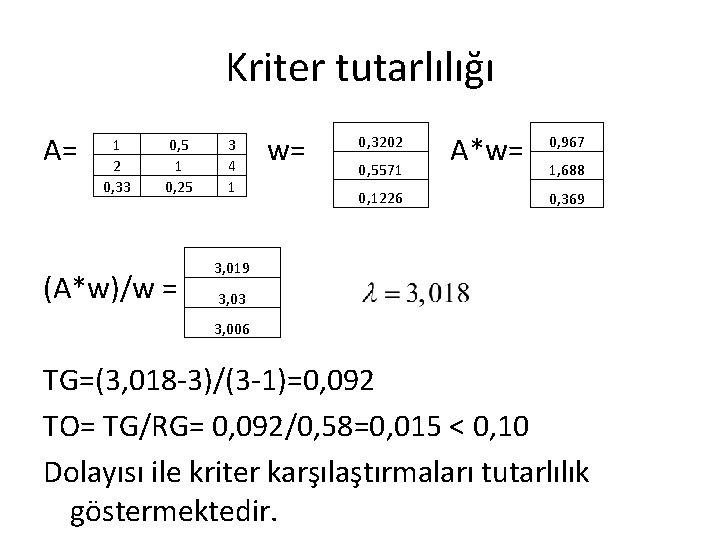 Kriter tutarlılığı A= 1 2 0, 33 0, 5 1 0, 25 (A*w)/w =