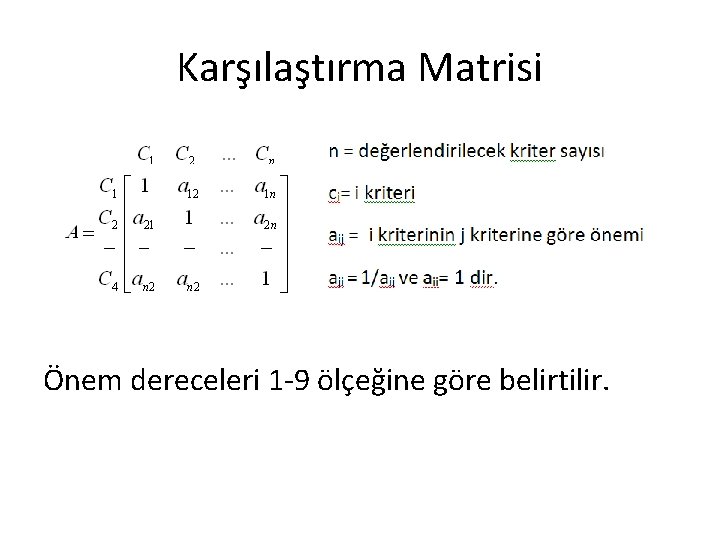 Karşılaştırma Matrisi Önem dereceleri 1 -9 ölçeğine göre belirtilir. 