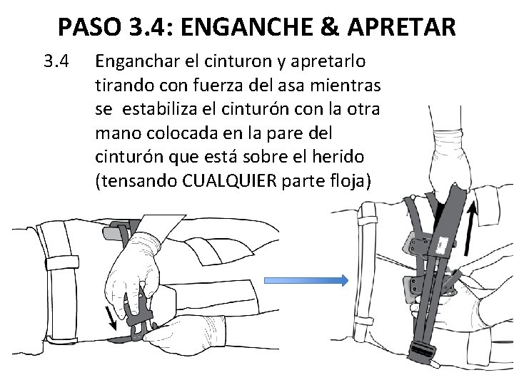 PASO 3. 4: ENGANCHE & APRETAR 3. 4 Enganchar el cinturon y apretarlo tirando