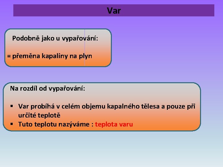 Var Podobně jako u vypařování: = přeměna kapaliny na plyn Na rozdíl od vypařování: