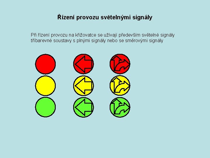 Řízení provozu světelnými signály Při řízení provozu na křižovatce se užívají především světelné signály