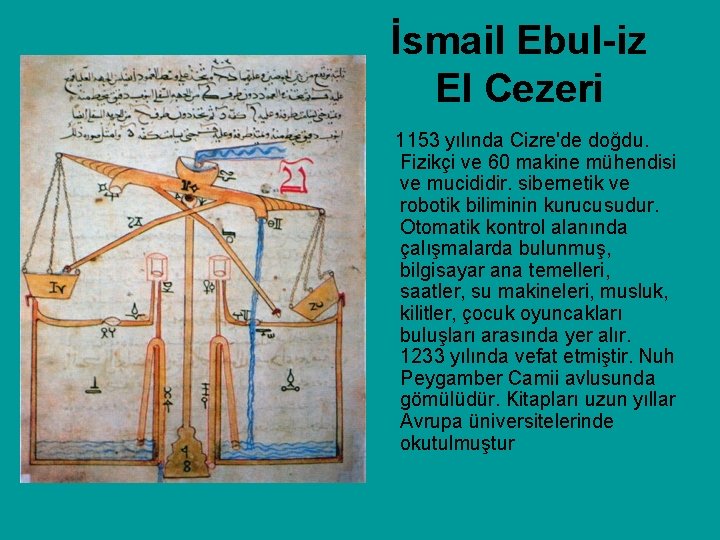 İsmail Ebul-iz El Cezeri 1153 yılında Cizre'de doğdu. Fizikçi ve 60 makine mühendisi ve