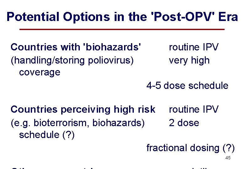 Potential Options in the 'Post-OPV' Era Countries with 'biohazards' (handling/storing poliovirus) coverage routine IPV