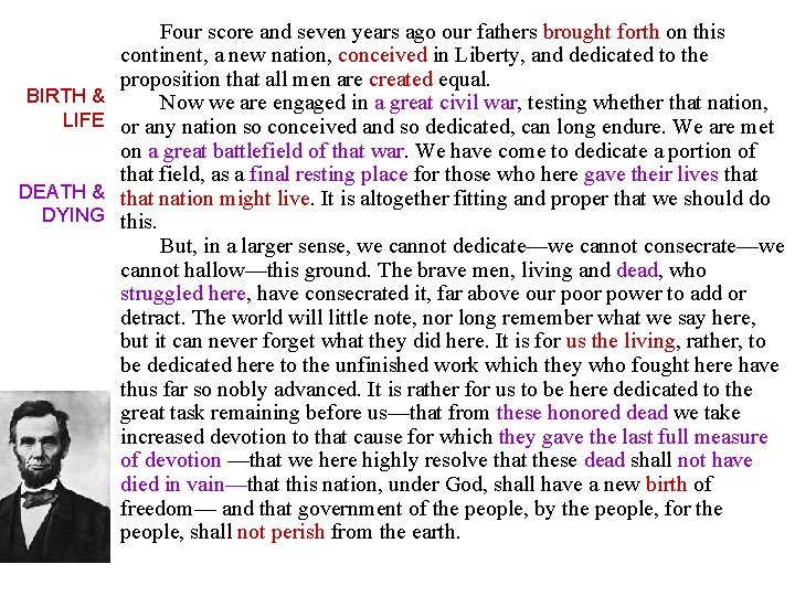 BIRTH & LIFE DEATH & DYING Four score and seven years ago our fathers