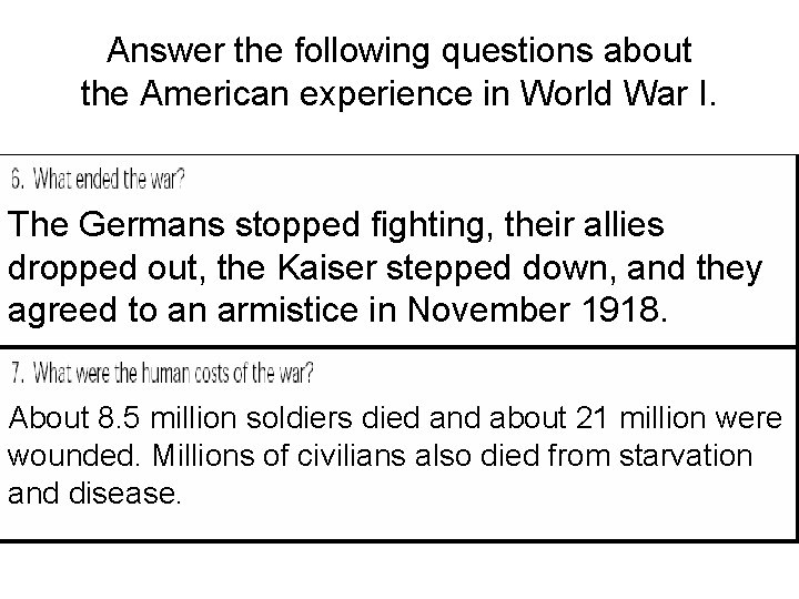 Answer the following questions about the American experience in World War I. The Germans