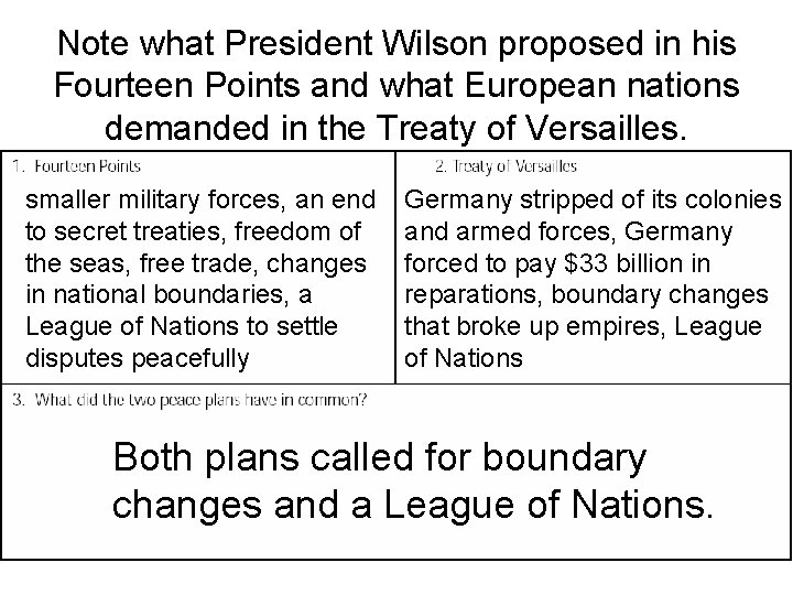 Note what President Wilson proposed in his Fourteen Points and what European nations demanded