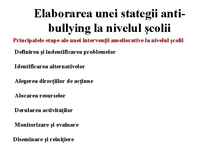 Elaborarea unei stategii antibullying la nivelul școlii Principalele etape ale unei intervenții ameliorative la