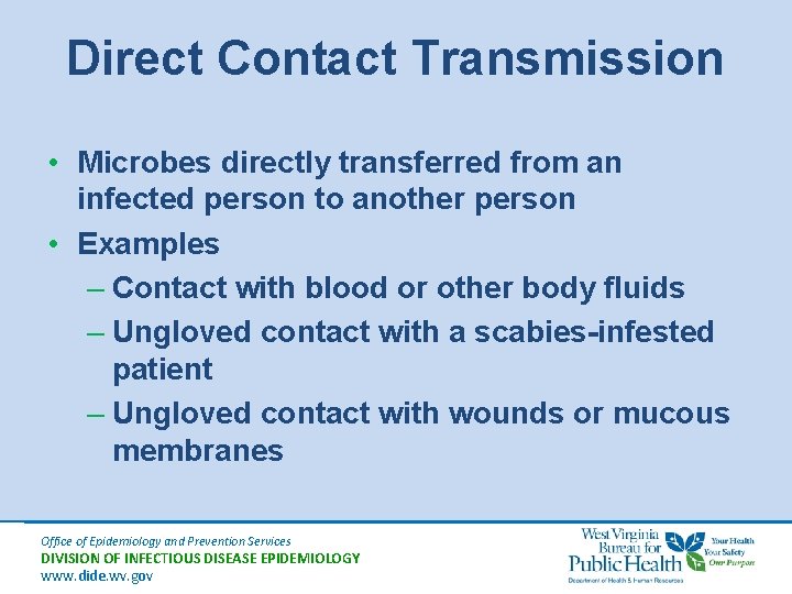 Direct Contact Transmission • Microbes directly transferred from an infected person to another person