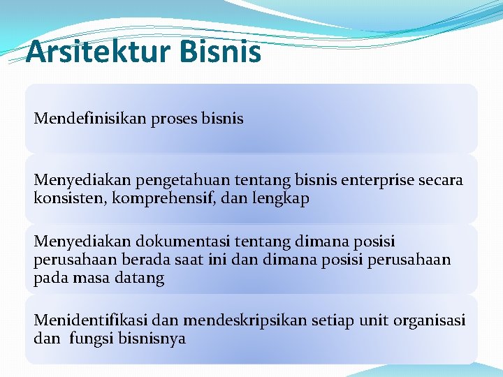 Arsitektur Bisnis Mendefinisikan proses bisnis Menyediakan pengetahuan tentang bisnis enterprise secara konsisten, komprehensif, dan