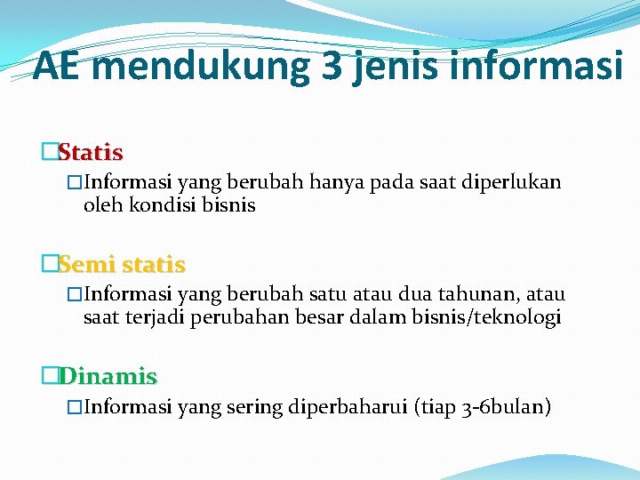 AE mendukung 3 jenis informasi �Statis �Informasi yang berubah hanya pada saat diperlukan oleh