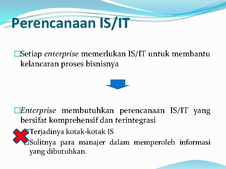 Perencanaan IS/IT �Setiap enterprise memerlukan IS/IT untuk membantu kelancaran proses bisnisnya �Enterprise membutuhkan perencanaan