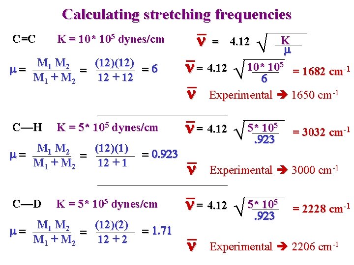 Calculating stretching frequencies C=C K = 10* 105 dynes/cm n = 4. 12 K Calculating stretching frequencies C=C K = 10* 105 dynes/cm n = 4. 12 K