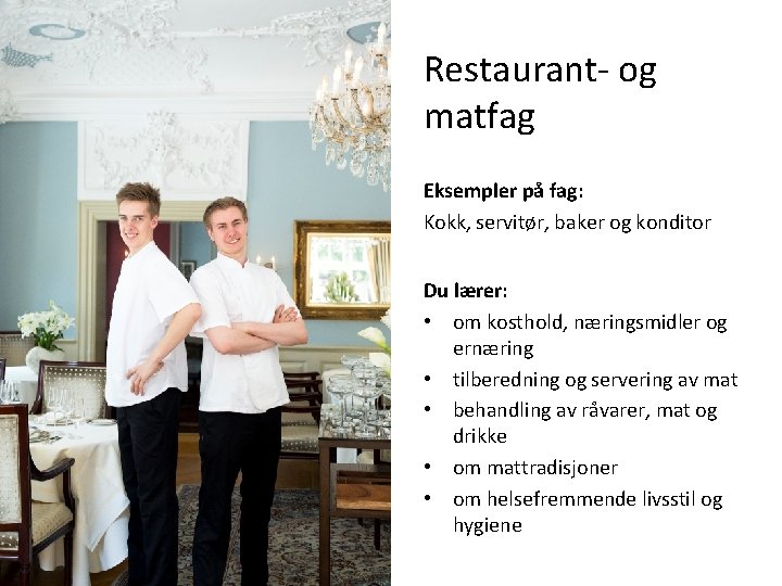 Restaurant- og matfag Eksempler på fag: Kokk, servitør, baker og konditor Du lærer: •