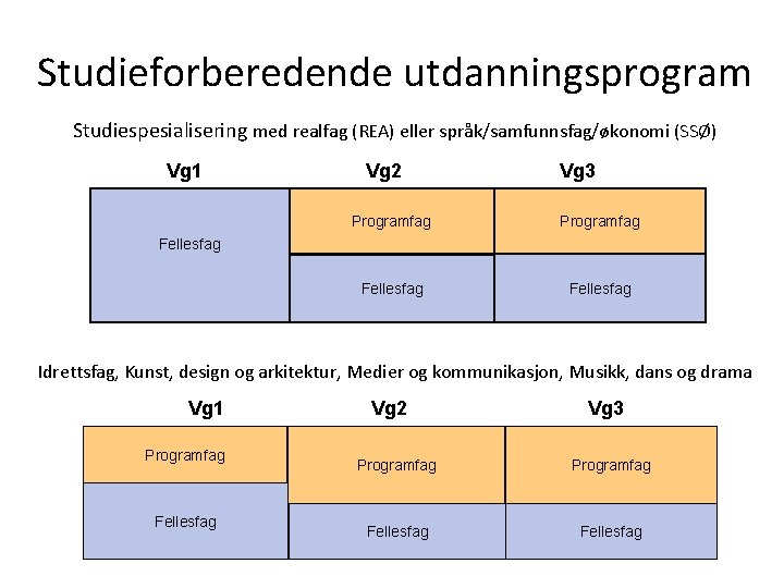 Studieforberedende utdanningsprogram Studiespesialisering med realfag (REA) eller språk/samfunnsfag/økonomi (SSØ) Vg 1 Vg 2 Vg