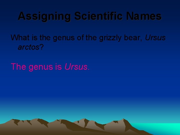 Assigning Scientific Names What is the genus of the grizzly bear, Ursus arctos? The