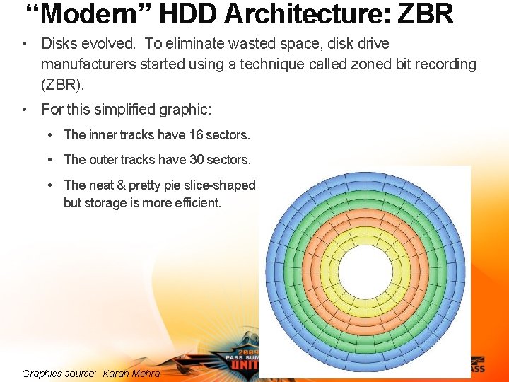 “Modern” HDD Architecture: ZBR • Disks evolved. To eliminate wasted space, disk drive manufacturers