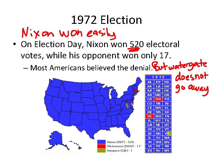 1972 Election • On Election Day, Nixon won 520 electoral votes, while his opponent