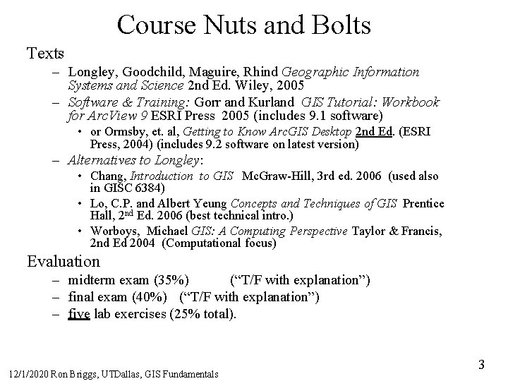 Course Nuts and Bolts Texts – Longley, Goodchild, Maguire, Rhind Geographic Information Systems and