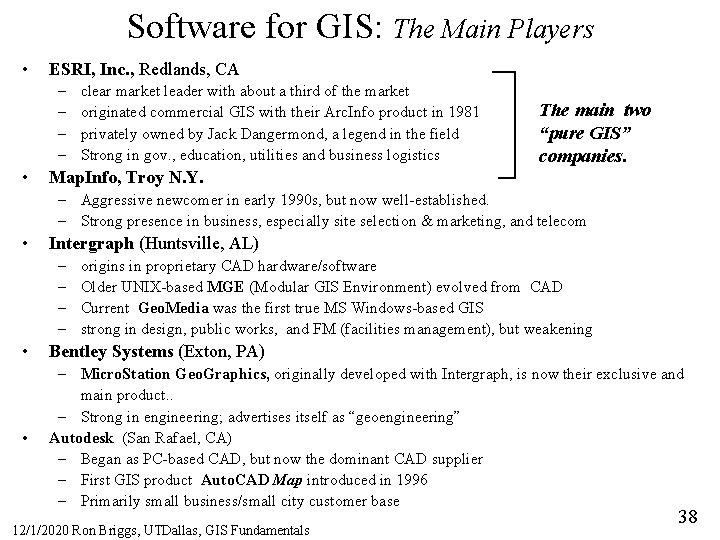 Software for GIS: The Main Players • ESRI, Inc. , Redlands, CA – –