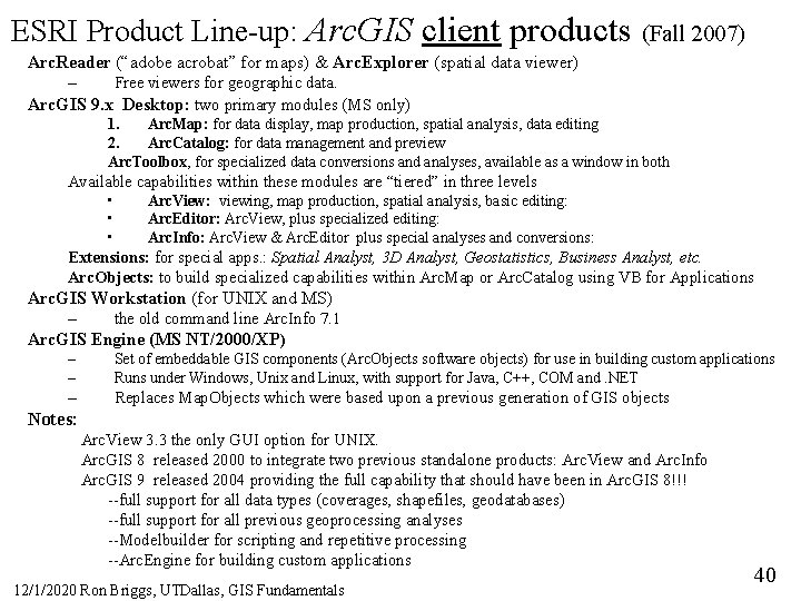 ESRI Product Line-up: Arc. GIS client products (Fall 2007) Arc. Reader (“adobe acrobat” for