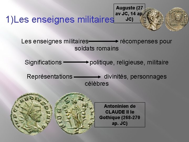 1)Les enseignes militaires Auguste (27 av JC, 14 ap. JC) Les enseignes militaires récompenses 1)Les enseignes militaires Auguste (27 av JC, 14 ap. JC) Les enseignes militaires récompenses
