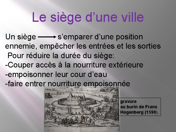 Le siège d’une ville Un siège s’emparer d’une position ennemie, empêcher les entrées et Le siège d’une ville Un siège s’emparer d’une position ennemie, empêcher les entrées et