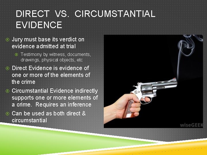 DIRECT VS. CIRCUMSTANTIAL EVIDENCE Jury must base its verdict on evidence admitted at trial DIRECT VS. CIRCUMSTANTIAL EVIDENCE Jury must base its verdict on evidence admitted at trial