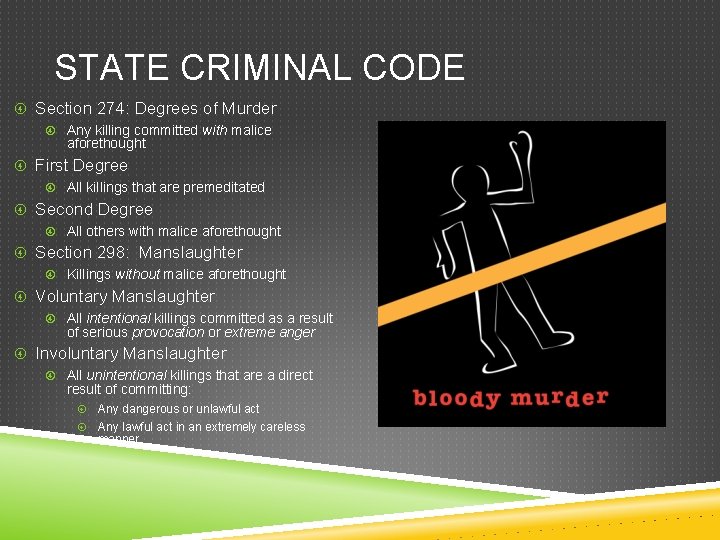 STATE CRIMINAL CODE Section 274: Degrees of Murder Any killing committed with malice aforethought STATE CRIMINAL CODE Section 274: Degrees of Murder Any killing committed with malice aforethought