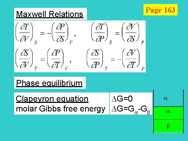 Maxwell Relations Page 163 Phase equilibrium Clapeyron equation G=0 molar Gibbs free energy G=G