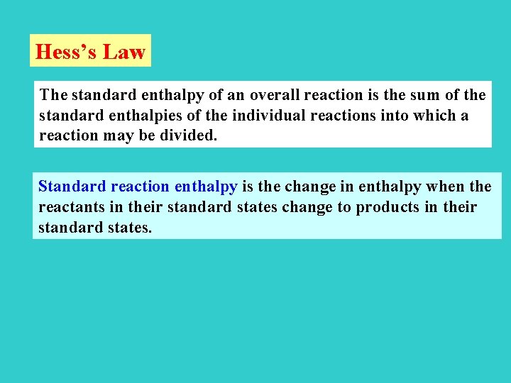 Hess’s Law The standard enthalpy of an overall reaction is the sum of the