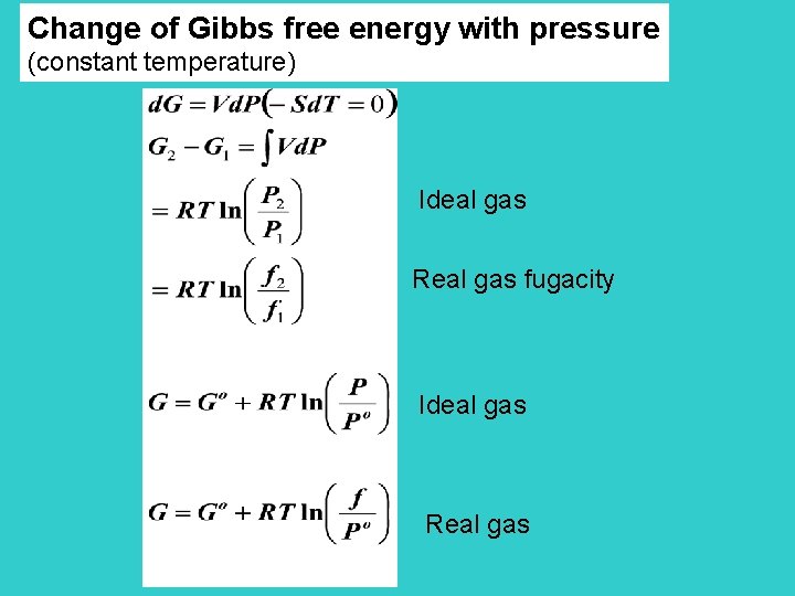 Change of Gibbs free energy with pressure (constant temperature) Ideal gas Real gas fugacity