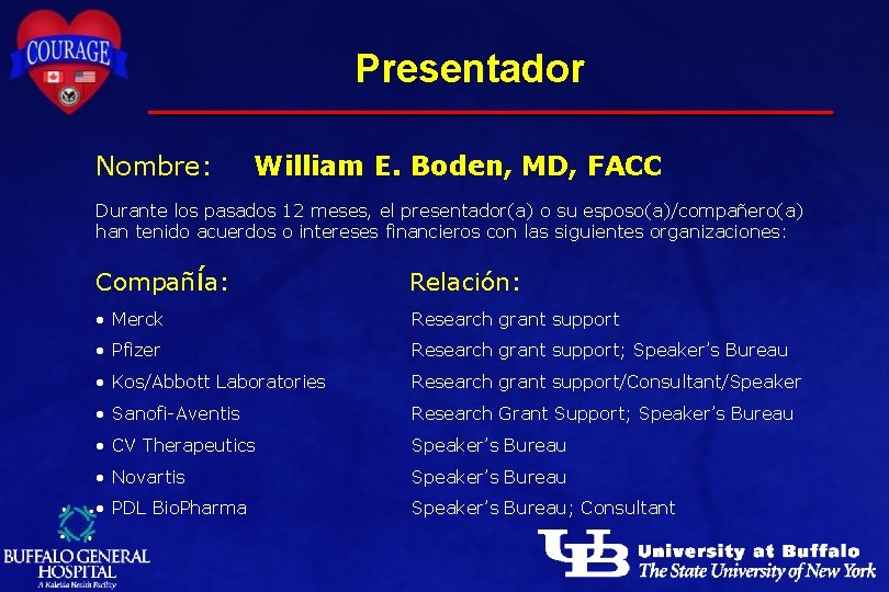 Presentador Nombre: William E. Boden, MD, FACC Durante los pasados 12 meses, el presentador(a)