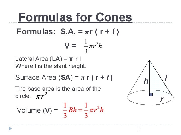 Formulas for Cones Formulas: S. A. = πr ( r + l ) V=