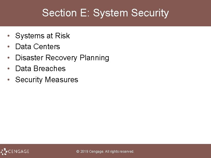 Section E: System Security • • • Systems at Risk Data Centers Disaster Recovery